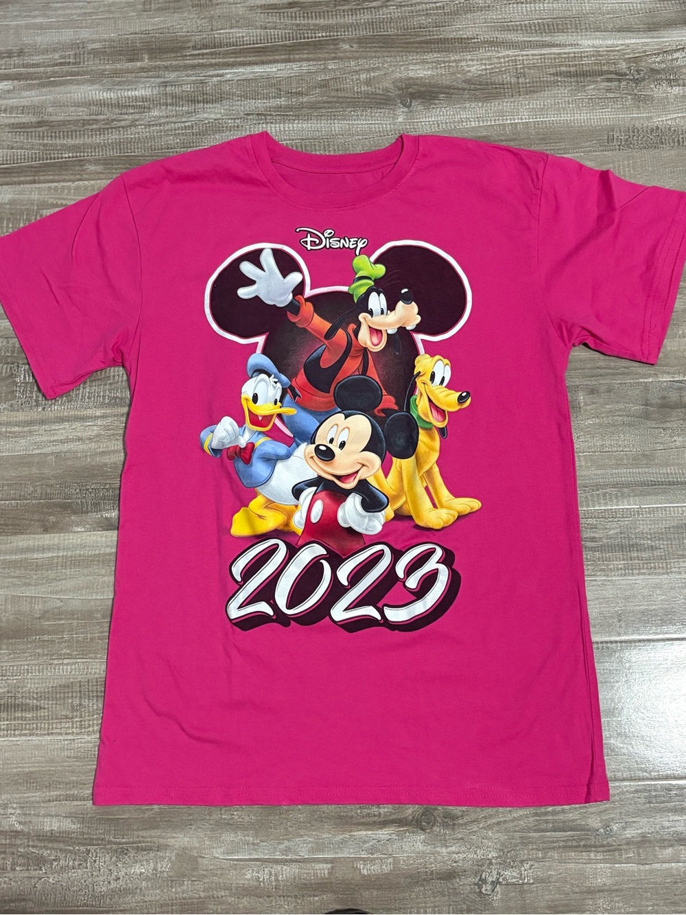 NEW Official Disney Parks Mickey Friends Donald Goofy 2023 Graphic T-Shirt Pink